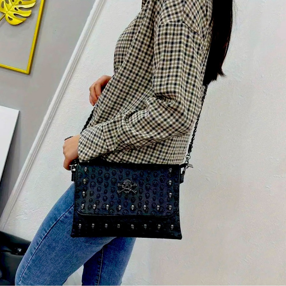 New - Unique - Faux Leather Shoulder Bag with Rivets & Edgy Skull Design - Black
